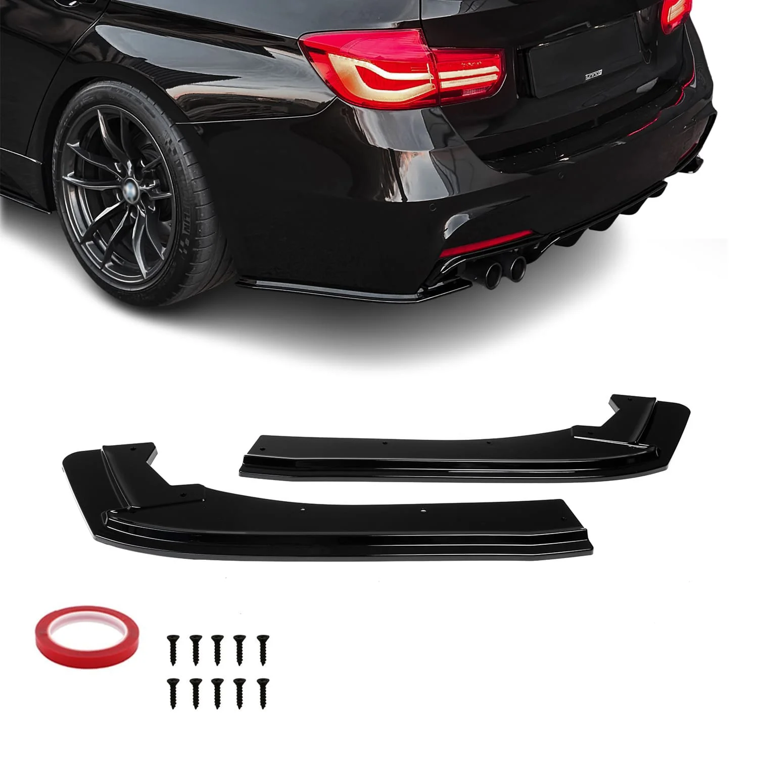 BMW F30 F31, Takapuskurin kiiltävän mustat lisäpalat, kulmasplitterit