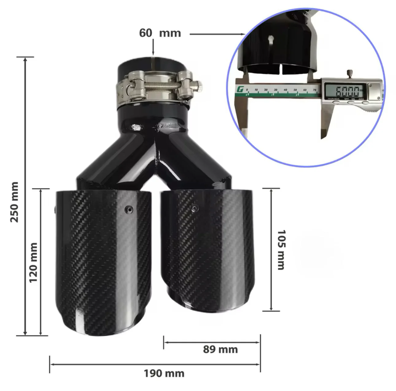 BMW yleismalliset hiilikuitu putkenpäät 2+2 liitos 60mm ulostulo 2x89mm - Image 3
